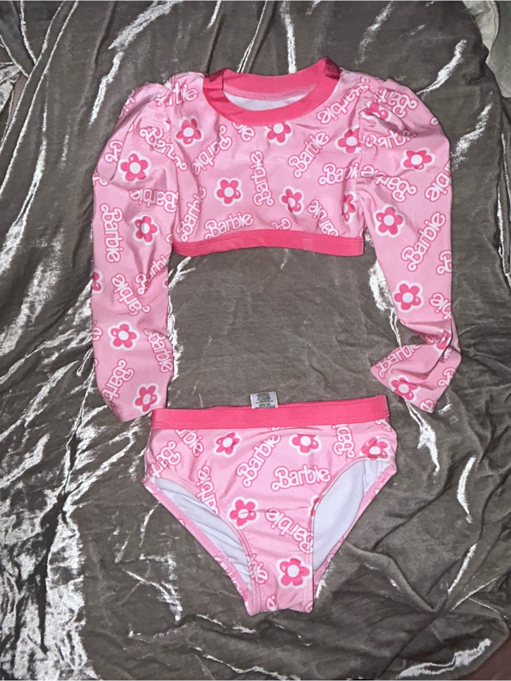 Barbie Pink Floral Logo Long-Sleeve Bikini Set 3T toddler girls